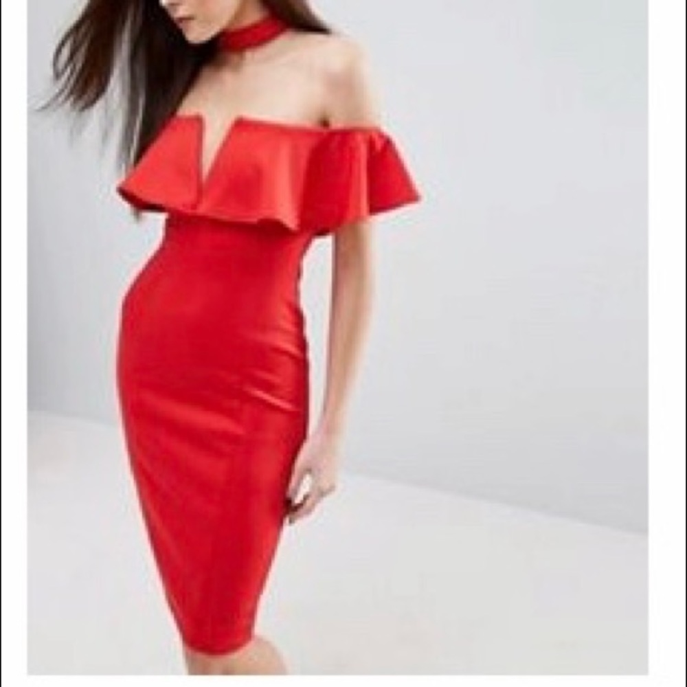 Rare London Bardot Pencil Dress with Choker Detail